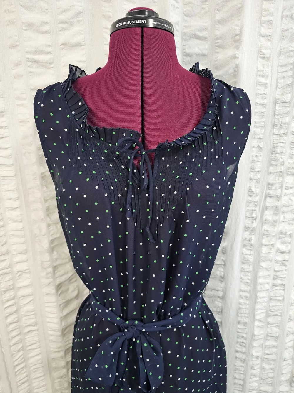 Gap Navy Blue Sheer Sleeveless Lined Green & White Polka Dot Belted Dress Large